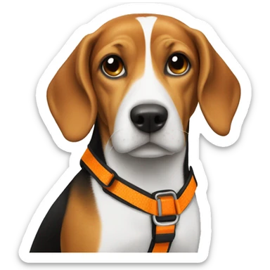 Beagle with an orange harness sticker