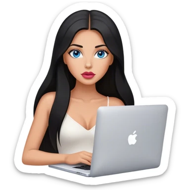 Glamours tanned very beautiful girl with pump rose-nude lips and black straight smooth long hair, blue eyes, with MacBook  sticker