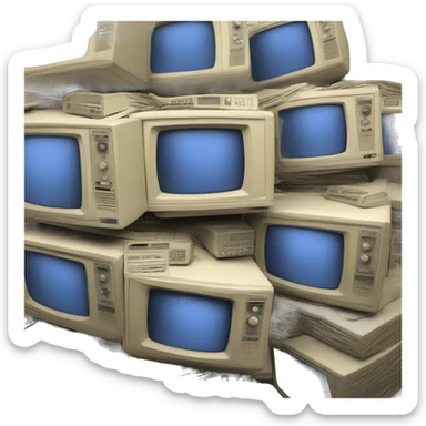 a stack of CRT televisions displaying static sticker