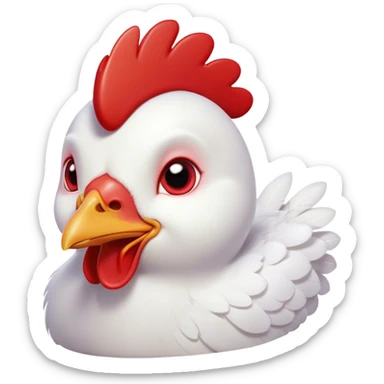 Cinematic Cute White Chicken Portrait Emoji, Head tilted playfully and inquisitively, featuring smooth, immaculate white feathers and a delicate red comb, round, sparkling beady eyes filled with curiosity, Simplified yet irresistibly adorable features, highly detailed, glowing with a warm, friendly glow, high shine, affectionate and lively, stylized with a touch of farmyard whimsy, bright and endearing, soft glowing outline, capturing the essence of a mischievous yet loving chicken, so playful it feels like it could peck out of the screen and into your arms! sticker