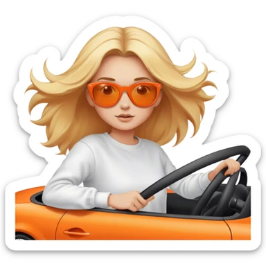 A cinematic realistic blonde in sunglasses, wearing a white sweatshirt, is driving an orange car, her hair is slightly blowing in the wind. sticker