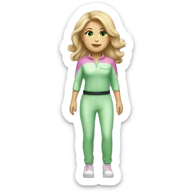 white Woman dark blond hair  pink  full body jumpsuit flying with light green eyes sticker