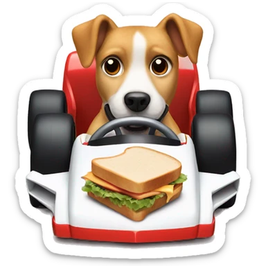 Dog eating a sandwich and driving a f1 car sticker