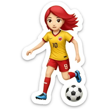 kumral bir kadın sarı kırmızı bir formayla futbol oynuyor sticker