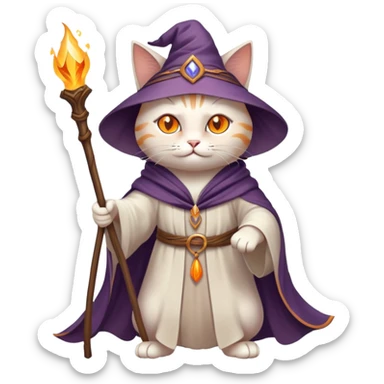 A cat wizard casting a spell with magical staff and flowing robes sticker