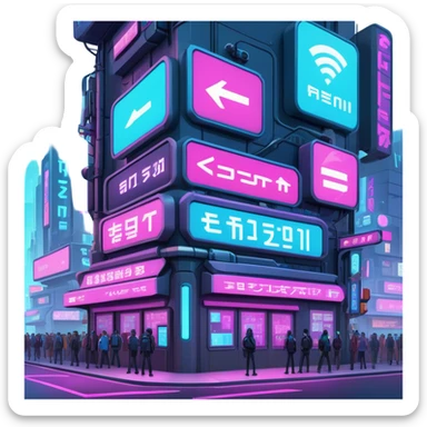 Cyberpunk street corner with neon blinking signage and holographic advertisements sticker
