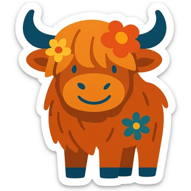 gentle and friendly highland cow with flowers in its fur sticker