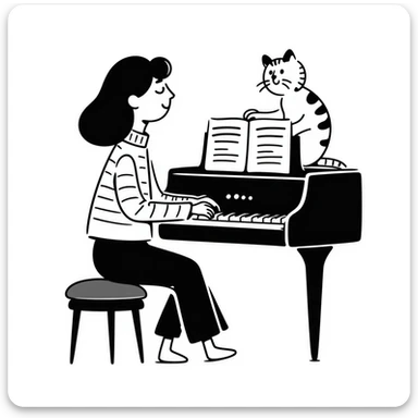 woman playing piano while her cat sits on top of the piano sticker