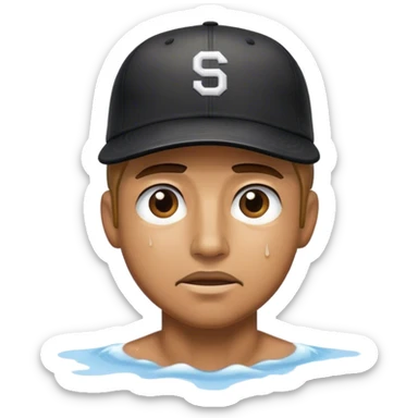 Soaking wet Man wearing black baseball hat sticker