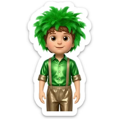 Dominic Field aka The Tree of Wisdom from The Wiggles with brown eyes, brown hair, green feather wig, green metallic shirt, taupe metallic baggy pants sticker