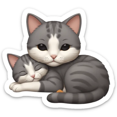 dark grey and white small cat with his eyes closed, leaning his head on his paw while leaning on his elbow lying down sticker