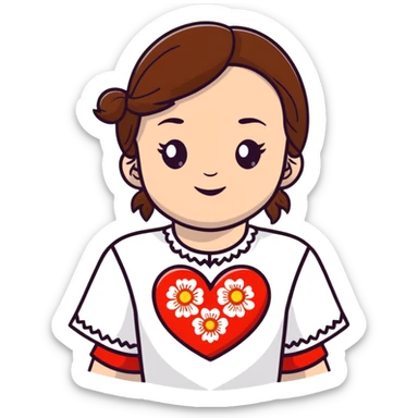 beautiful young girl with brown hair wearing a white Ukrainian embroidered shirt with a big heart design sticker