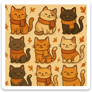 cute cats in scarves and sweaters, seamless pattern, autumn colors, warm and cozy vibe, playful cartoon style sticker