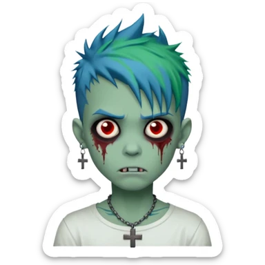 zombie boy with spiky emo blue hair and white shirt , tattos, a risk on the eyebrow, earings,  a necklace with a cross, green skin, shaggy, dark, spooky, creepy expression emoji  sticker