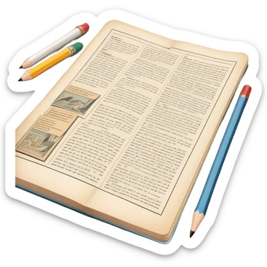 Create a detailed emoji representing the process of writing texts for comic books. The design should feature a large, open comic book with vintage comic strips visible on its pages. A pencil should be shown writing text on one of the comic panels, but without a hand. The pencil should appear as though it is actively creating the dialogue or narration. Use a classic color palette with muted tones for the comic book and brighter accents on the pencil to draw attention to the writing process. Do not include any emojis or smiley faces. Make the background transparent. sticker