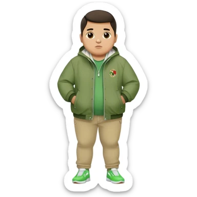 Fat mexican boy with green jacket, skinny khaki jeans, and white nikes sticker