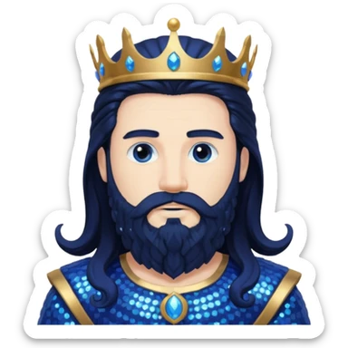 Neptune, King of the Sea from Gods and Goddesses with long black hair and beard, cobalt blue sequin outfit sticker