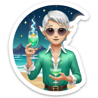 elf male bartender, flowing silver hair, pointy ears, unbuttoned iridescent silk shirt, summoning swirling glowing cocktail (teal and silver) in crystal flute with finger, moonlit beach backdrop, centered emoji, ethereal summer night, sticker style sticker