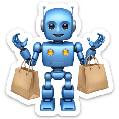 black friday robot with blue and metalic colours with bags in his hands smiling sticker