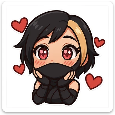 Sexy chibi ninja girl with black short hair and a blonde streak, only head and arms, colorful chibi style with bold outlines, transparent background, no mask, love expression with sparkling eyes and floating hearts around her head, sized for Twitch emoji use. sticker