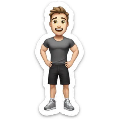 amazed Open with surprise mouth Pale skinned Fit Man With the biceps and dark brown hair in black shirt, gray sports shorts and white Sneakers sticker