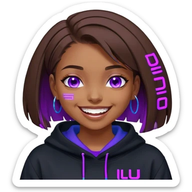 brown haired girl with a bob and blue eyes wearing black hoody with violet letters "Lu", laughs. Cyberpunk style. Violet neon. sticker