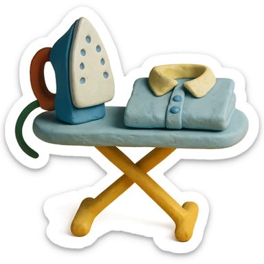 iron on ironing board with a neatly folded shirt, playful arrangement, pastel palette, claymation style sticker