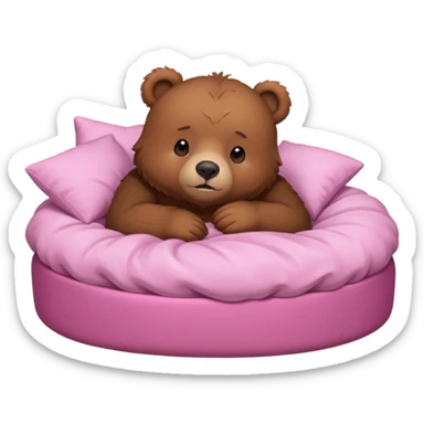 A cute brown bear in a pink bed, tucked in and looking forward, trying to fall asleep. sticker