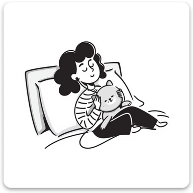 Girl lying on bed comfortably listening to music with wired earphones, holding a plush toy sticker