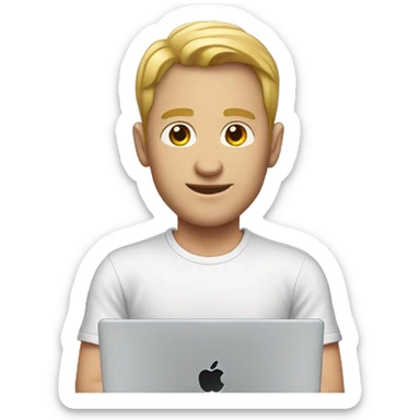 white man with MacBook blac shirt sticker