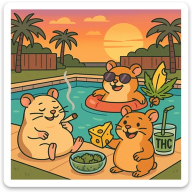 square colorful pool party scene at sunset with up to 3 hamsters, weed, cheese, and THC theme, extra vibrant, bold, nostalgic, fun, inviting, summer party vibe, clear composition, no disco ball sticker