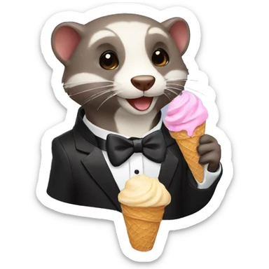 A ferret wearing a tuxedo eating chocolate ice cream sticker