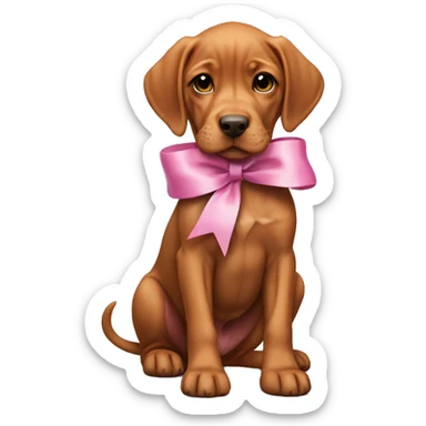 A female vizla puppy with a pink ribbon around her neck sticker