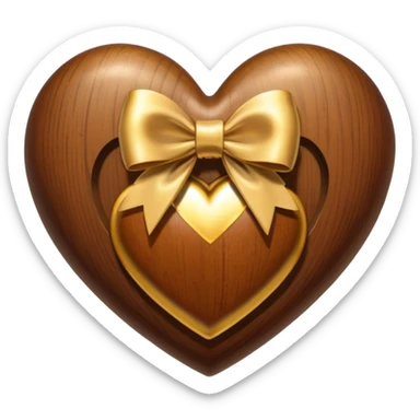 wooden heart with a gold bow and heart pattern on the bow sticker