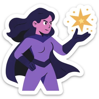 woman superhero in a soft purple and black suit, casting magic from her hand sticker