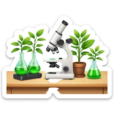 FA 3D cartoon science lab table with test tubes, microscope, and a small potted plant, green leaves under bright light, clean background, realistic Memoji-style rendering. sticker