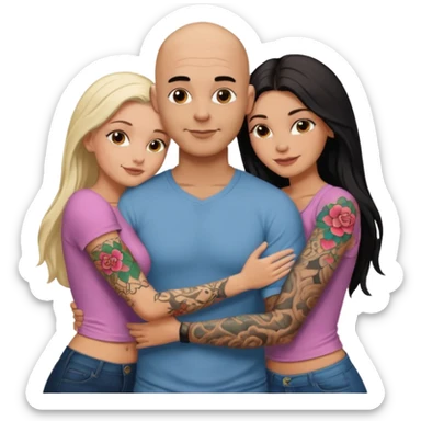 throuple tattooed sleeves bbald male with topless naked big boobed brunette and topless naked big boobed blonde girlfriends  loving  and sexy polygamy sticker
