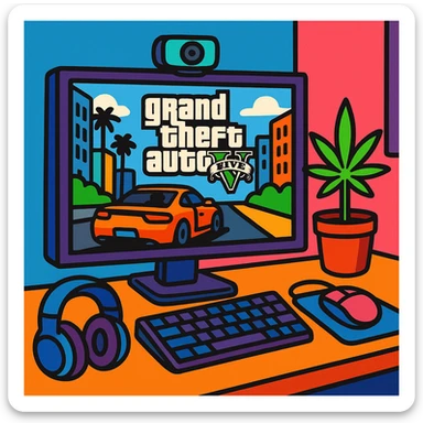 gaming setup with a monitor showing GTA V a webcam and a marijuana plant on the desk sticker