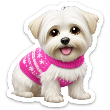 white morkie dog with pink christmas sweater sticker