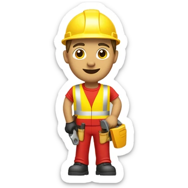 a caucasian construction worker from the chest up, looking frontal, wearing a red hard hat and yellow high-visibility vest, underneath he is wearing a red t-shirt, holding a hammer sticker