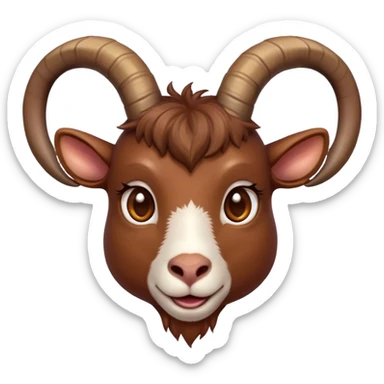 Cinematic Cute Brown Goat Portrait Emoji, Head tilted playfully and inquisitively, featuring a glossy, rich brown fur with charming curved horns, round, sparkling eyes filled with gentle curiosity, Simplified yet irresistibly adorable features, highly detailed, glowing with a warm, friendly glow, high shine, affectionate and lively, stylized with a touch of rustic whimsy, bright and endearing, soft glowing outline, capturing the essence of a mischievous yet loving goat, so playful it feels like it could trot out of the screen and into your arms! sticker