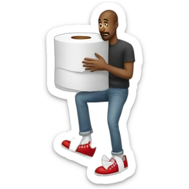 man with iPad and toilet tissue wearing red shoes sticker