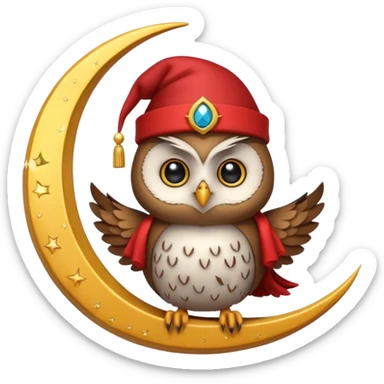 Owl wearing a tiny fez, sitting on a crescent moon. sticker