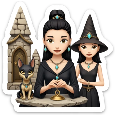 Smiling Witchy-mannered real Audrey Hepburn cleopatra Protecting silky black-haired tiny chained-princess-adorned statuette scale smoky-evil-eyed Anubis dessert scenery stone-age cracked irregular dwelling  sticker