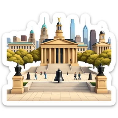 cinematic realistic emoji of Philadelphia with wide city view featuring iconic landmarks Liberty Bell Independence Hall Philadelphia Museum of Art Rocky Steps city skyline lifelike detail accurate colors bright daytime lighting no sky no clouds transparent background sticker