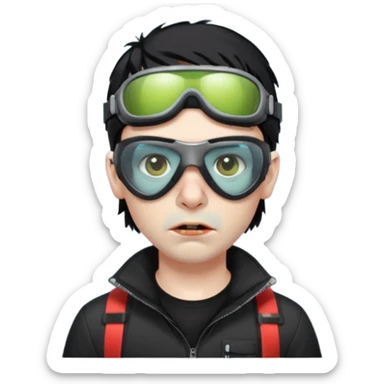 Zombie Emoji AppleIOS Style, lowfade Black Hair, Ski Goggles on right slide of The Head, and Black T-shirt sticker