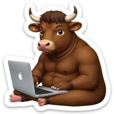 bull sitting in front of a macbook, working  sticker