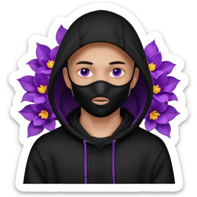 no visible face non human cartoon character related to a shadow, with all black clothes, focusing a black hoodie, and a versace face mask covering his entire face, just his purple shadow eyes making a light bloom sticker