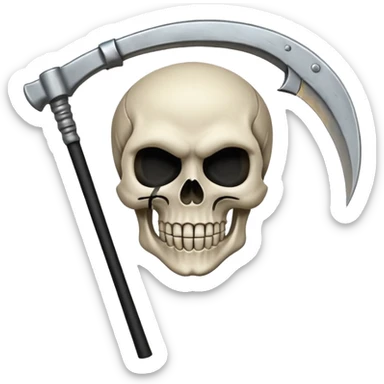 A laughing skull with a scythe crossed behind it, one eye socket winking. Clean, stylized lines, flat vector. Medieval woodcut style. Black and white with one accent color (tarnished silver). No background. sticker