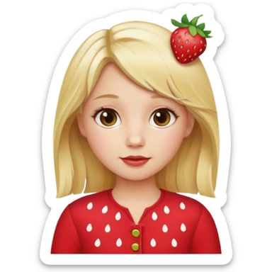 A girl with a blonde hair wearing a strawberry clip and wearing a cute red outfit sticker